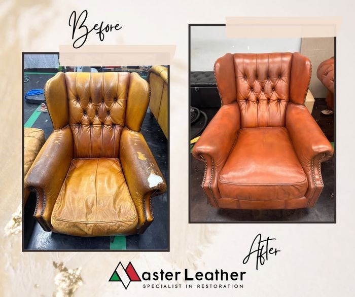Cognac leather wingback chair restoration